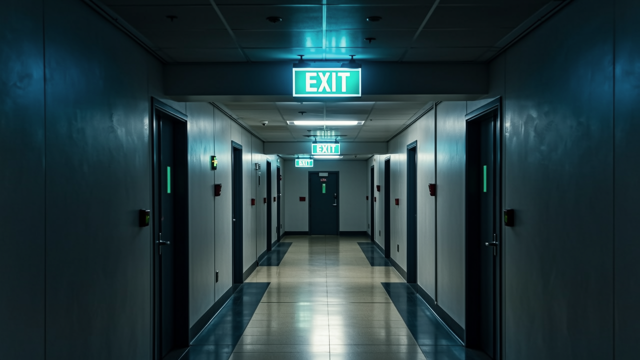 出口指示與空走廊，無真人臉
